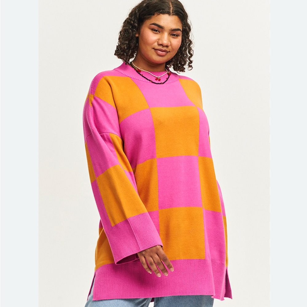 Lucy & Yak Pink and Orange Checkered Oversized Sweater /Sweater Dress - Picture 3 of 7